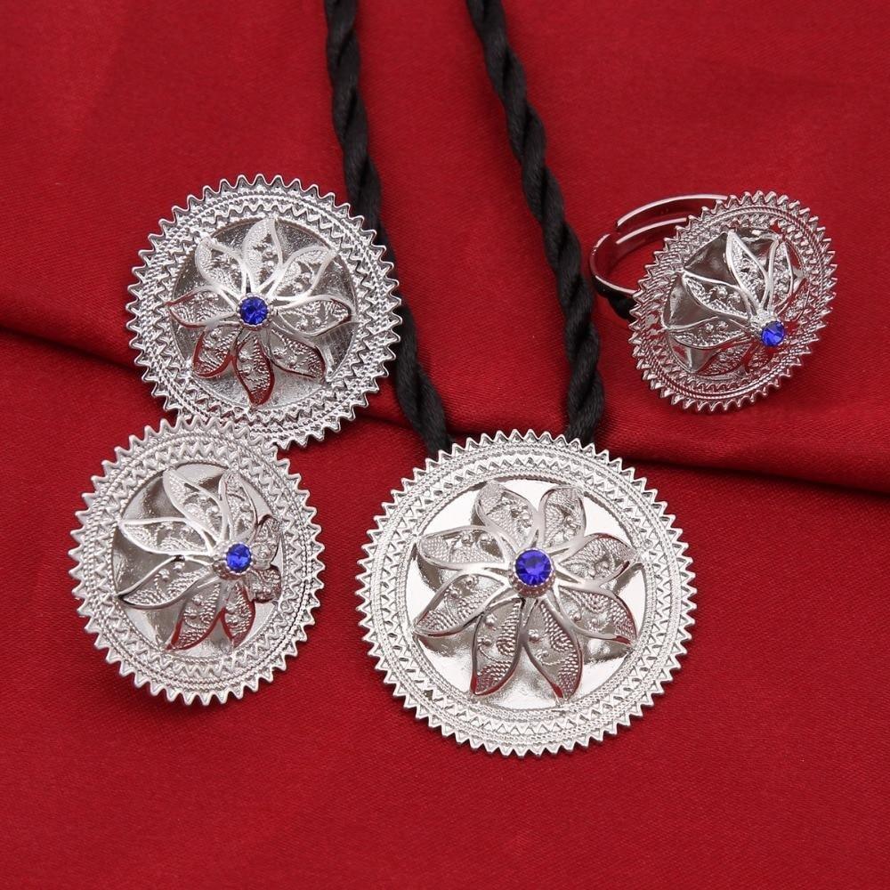 Silver Ethiopian Jewelry Sets White Blue Red Stone Silver Plated Habesha Bride Wedding Eritrea Chain - Natna Shop