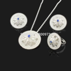 Ethiopian Crystal Pendant/Earrings/Ring/Necklace Jewelry Silver Plated Habesha Jewelry African 4PCS Wedding Jewelry Sets - Natna Shop