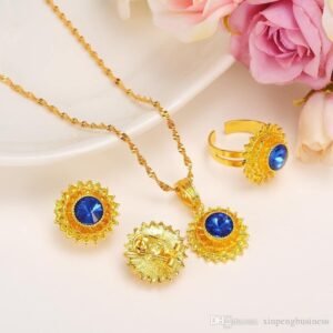 Ethiopian jewelry set Women14k Real Solid Yellow Fine Golid ruby Emerald Sapphire earrings ring pendant chain jewelry sets - Natna Shop
