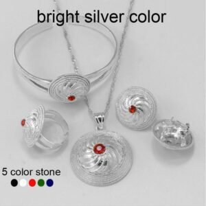 Ethiopian Silver Color Jewelry Set Pendant Chain/Bangle/Earring/Ring Wedding African Bride - Natna Shop