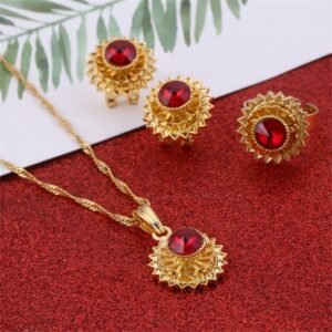 Ethiopian Jewelry Set Gold Color Crystal Necklace Pendant Earrings Ring Middle Easter Habesha Wedding Set - Natna Shop