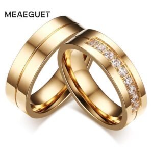 Meaeguet Gold-Color CZ Wedding Rings Lover's Cubic Zirconia Stainless Steel Romantic Ring Jewelry USA Size - Natna Shop