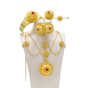 Natna Shop Nifho Eritrean Ethiopian Dubai Jewelry Set with Ethiopian Gold Pendants, Earrings, Rings, Hairpins, Bracelets, Head Chains,  Habesha African,