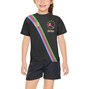 Eritrean Flag style Kids Big Girl T-Shirt with Stars and Eritrean Map logo on the left chest black jpg